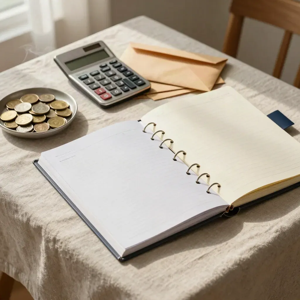 Zestaw budżetowy cash flow na lnianym stole, z kalkulatorem i otwartym segregatorem.