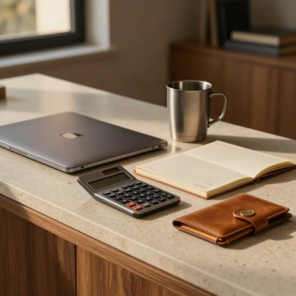 Portfel finansów freelancera: laptop, kalkulator, folio i kubek na jasnym kamieniu.