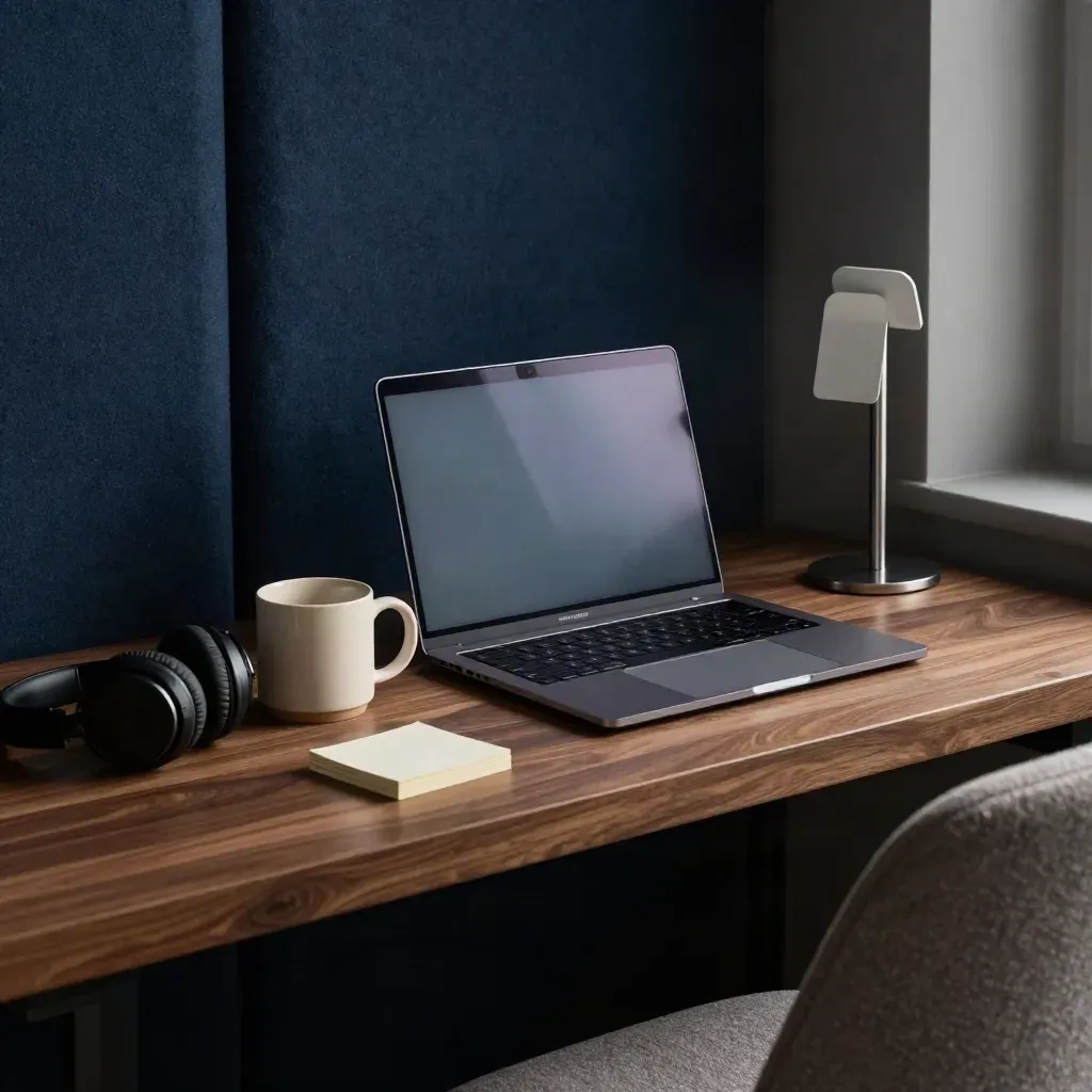 Widok zza pustego krzesła na laptop, słuchawki, kubek i kartki w ciemnym kąciku webinarowym.