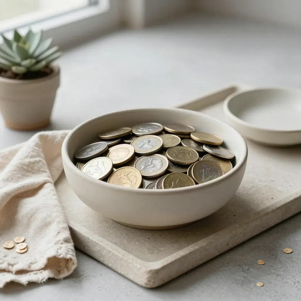 Miseczka z monetami, lniana ściereczka, mała roślina i ceramiczna podstawka na kamiennej tacy.