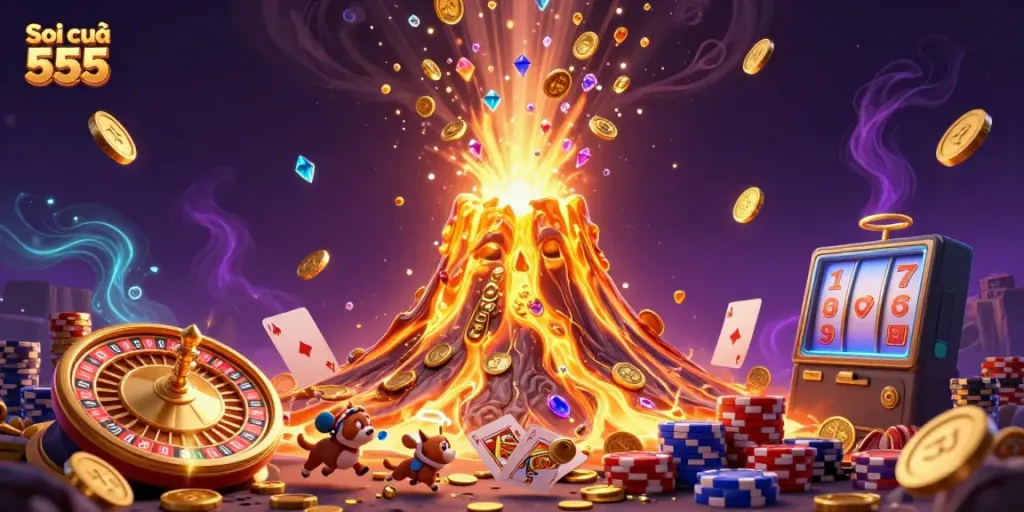Soi cầu 555 showcases a vibrant eruption of coins and treasures, capturing the excitement of lottery predictions.