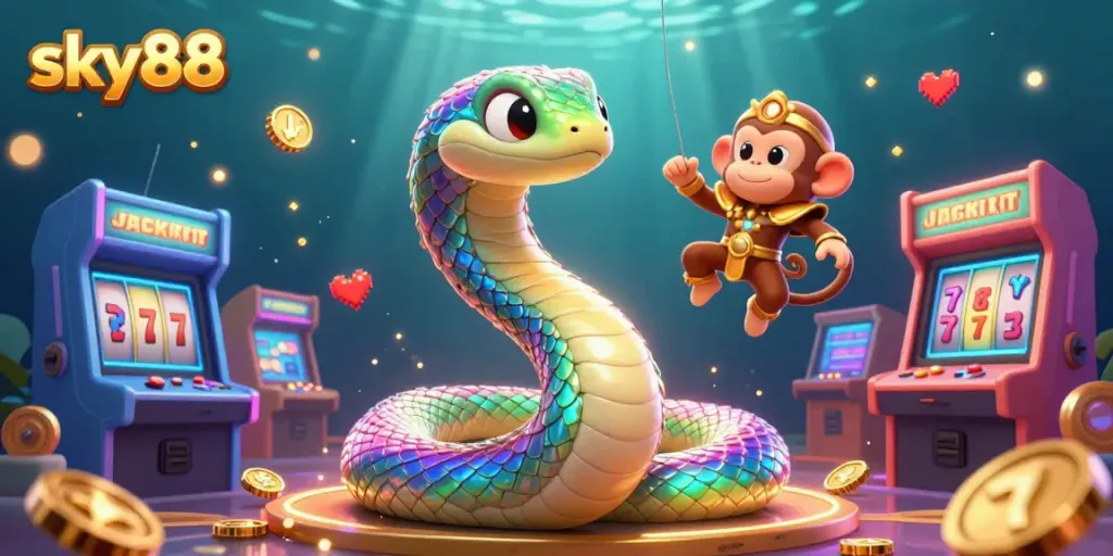 Experience sky88's vibrant gambling world with a rainbow serpent, glowing slot reels, and gaming excitement.