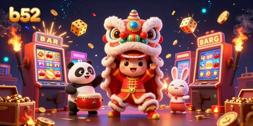Experience the energetic b52 casino with vibrant characters celebrating a jackpot explosion!