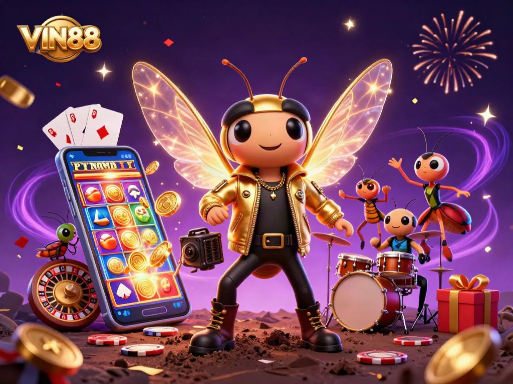 Experience the vibrant world of VIN88 casino with a rock star cicada and exciting gaming elements.