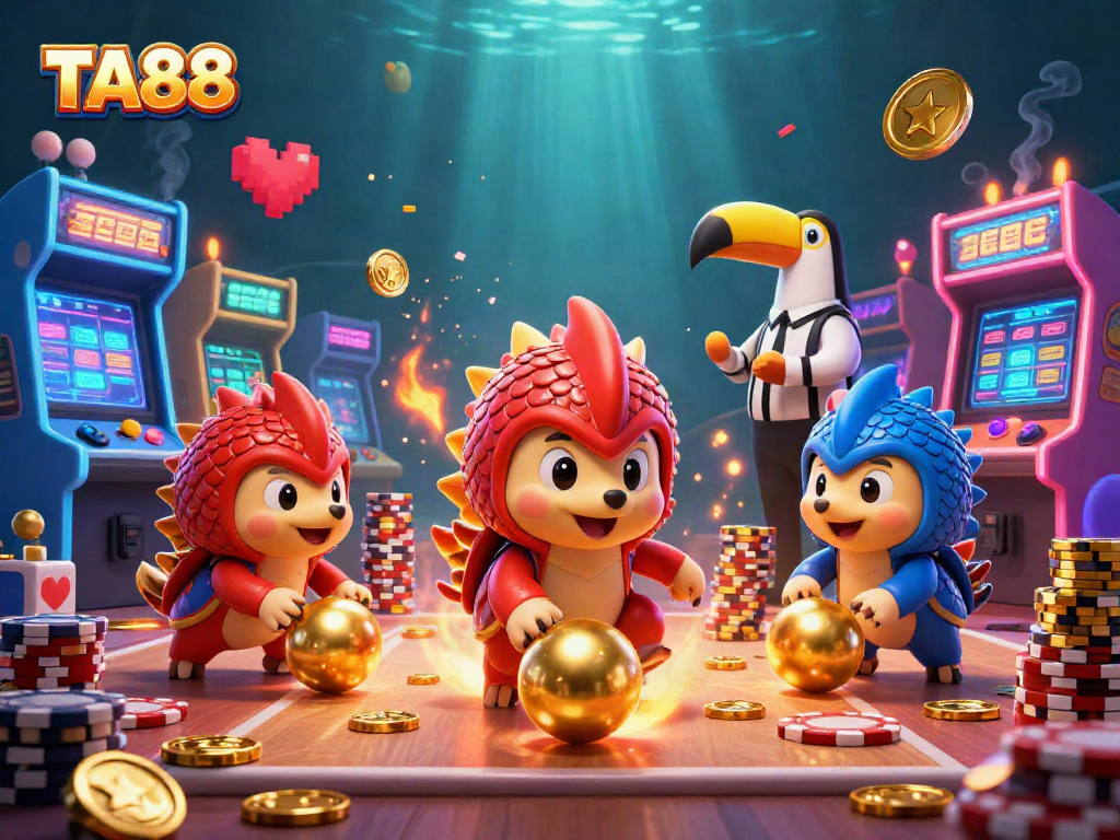 TA88 gamesters enjoy a thrilling bowling scene with pangolins in a colorful casino setting.
