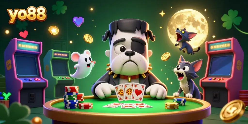 yo88 game table featuring a Frankenstein bulldog and ghost mouse, promoting lively online gaming.