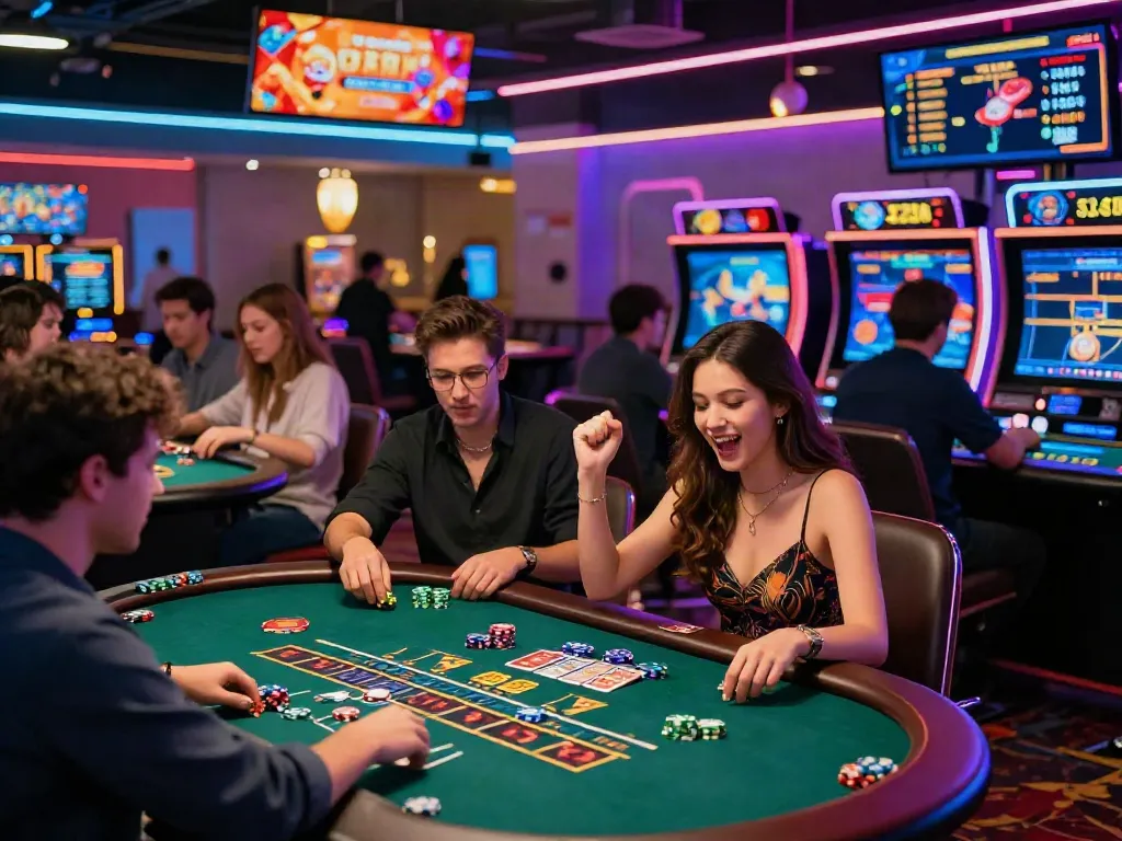 Exciting gaming scene at man88 virtual casino with players winning in Baccarat and vibrant digital environment.