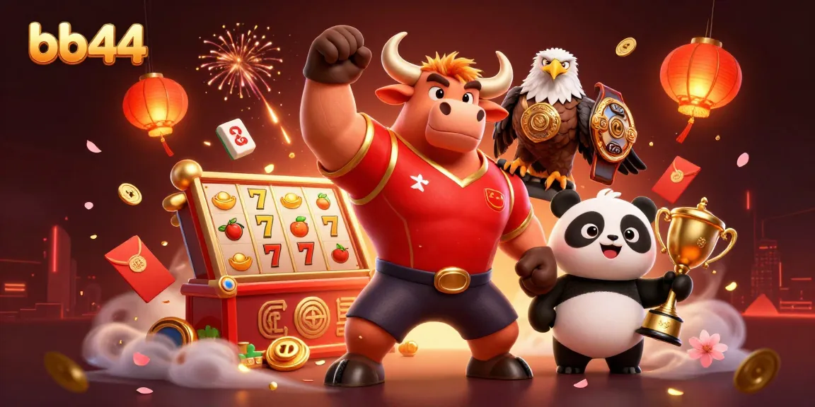 Win big at BB44 with a 3D scene featuring a victorious bull, eagle, and panda celebrating casino gaming.