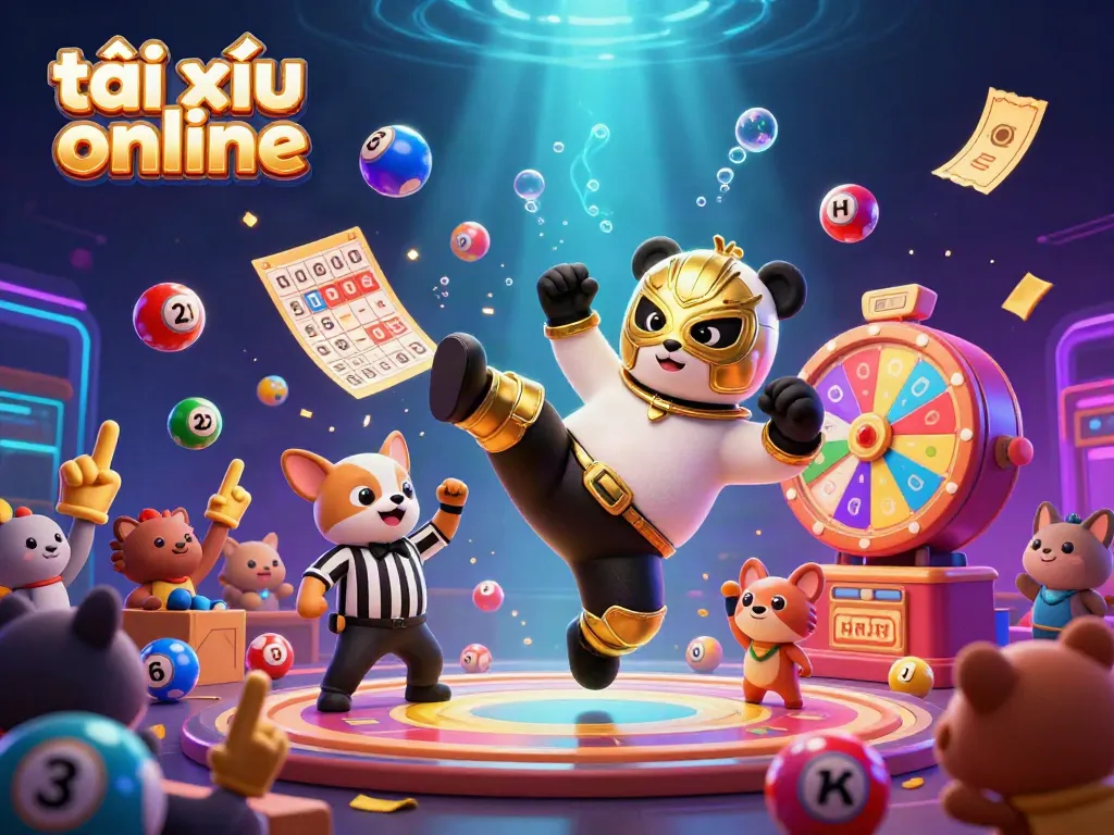 Engaging scene depicting a vibrant tài xỉu online casino with a cartoon panda in lucha libre mask and chihuahua referee amidst lively animal spectators.