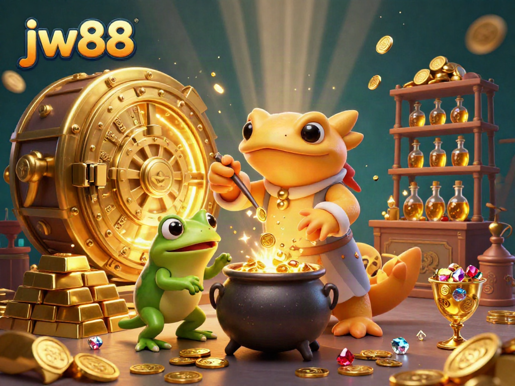 Engage in winning strategies with jw88, featuring a magical scene of gold transmutation and casino treasures.