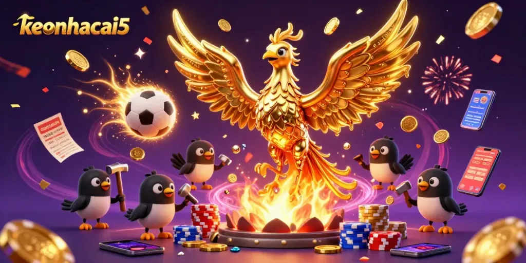 Engage with keonhacai5's dynamic sports betting scene featuring golden phoenix and vibrant game elements.