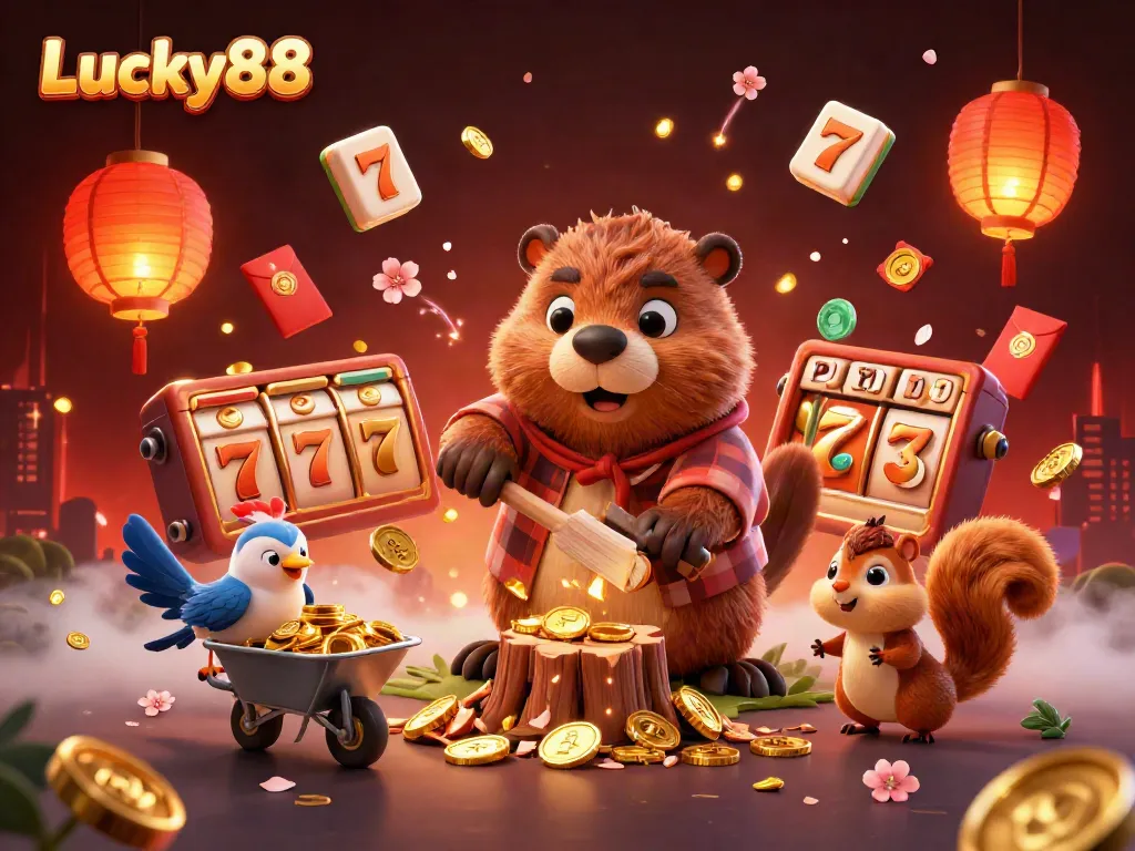 Engage in thrilling gameplay at Lucky88 with a vibrant scene of a 3D lumberjack beaver collecting golden coins amidst colorful casino elements.