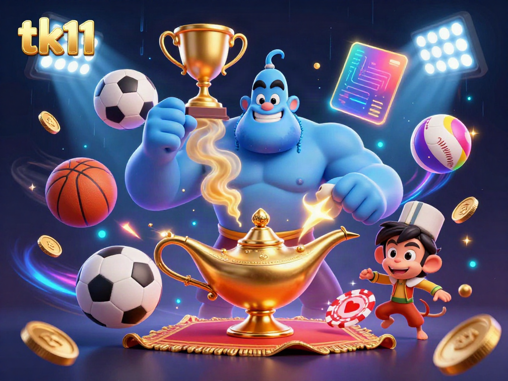 Engage with tk11 in this vibrant 3D casino scene featuring a genie, monkey, sports balls, and gold coins.