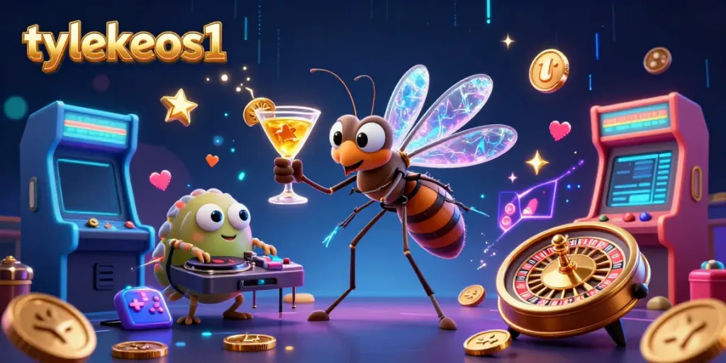 Engage with the lively scene of tylekeos1 showcasing a unique casino mascot and vibrant gaming elements.