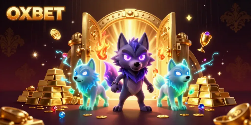 Experience OXBET with captivating 3D art featuring a shadow wolf and treasure elements.
