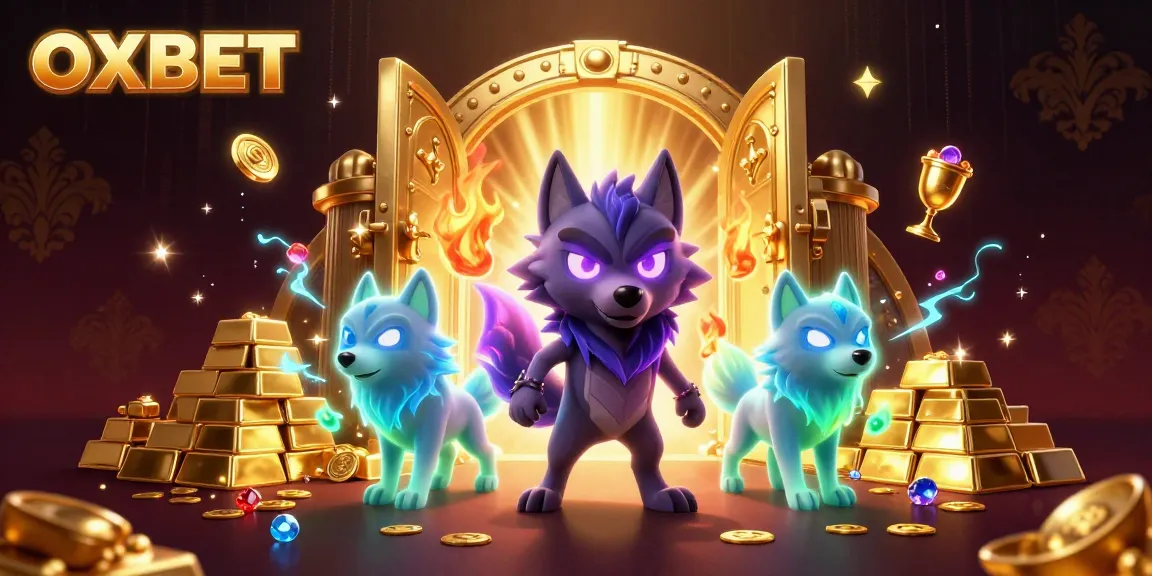Experience OXBET with captivating 3D art featuring a shadow wolf and treasure elements.