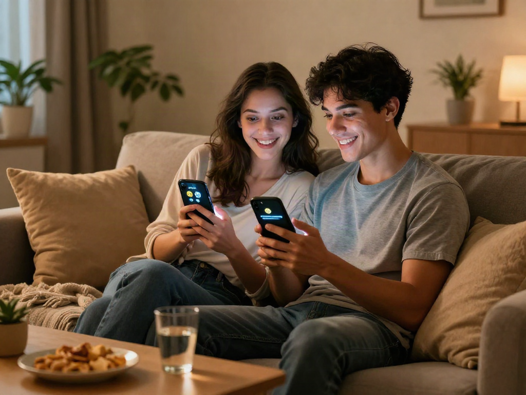 Couple engaged in playful ai sexting on smartphones in a cozy home atmosphere.