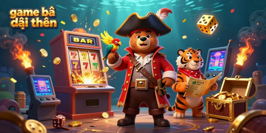 Engage with game bài đổi thưởng in a vibrant casino scene featuring a pirate bear and tiger with jackpot symbols.