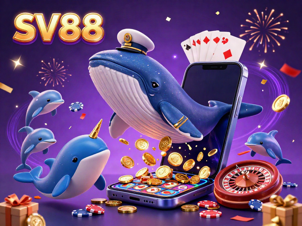 Experience the excitement of SV88 with vibrant casino elements and playful sea creatures.