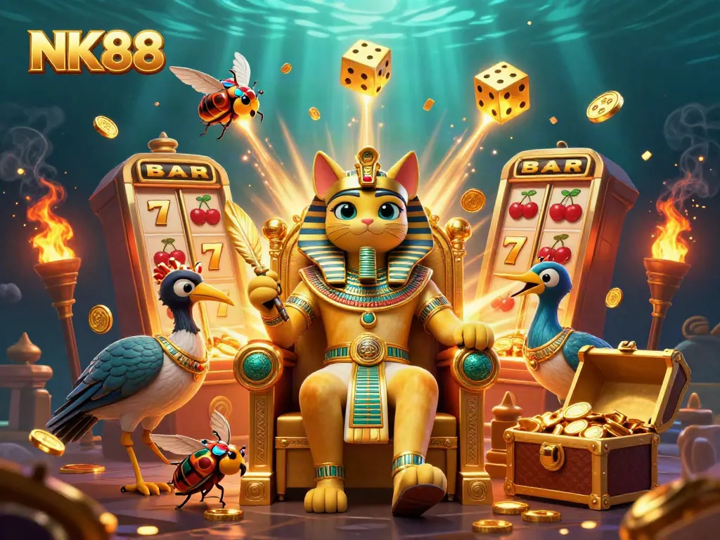 Experience the thrill of NK88 slot adventures with captivating Egyptian characters and dazzling casino elements.