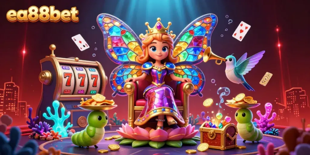 Experience the thrill of ea88bet with a vibrant 3D illustration of a butterfly queen surrounded by gambling symbols.