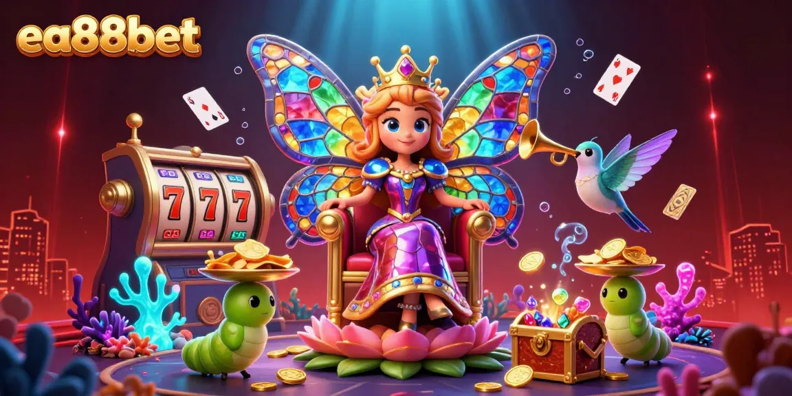 Experience the thrill of ea88bet with a vibrant 3D illustration of a butterfly queen surrounded by gambling symbols.