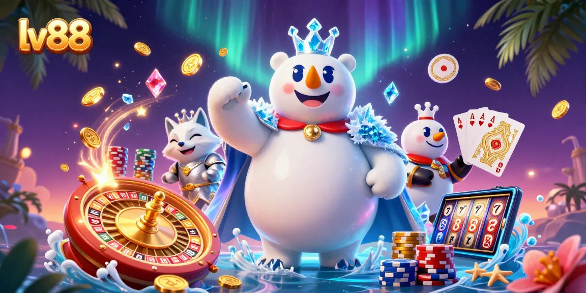 Win big at lv88 with a polar bear king and fox in an energetic casino scene!