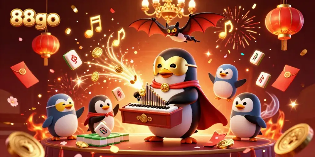 Engage with vibrant scenes of 88go gameplay featuring a penguin organist showering golden coins amidst festive casino elements.