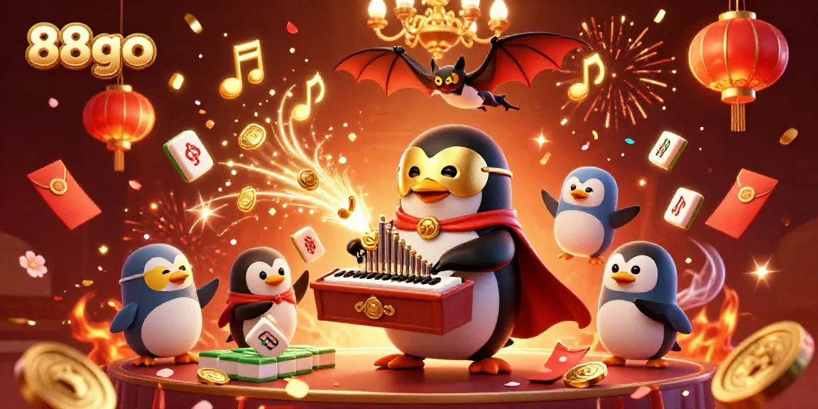 Engage with vibrant scenes of 88go gameplay featuring a penguin organist showering golden coins amidst festive casino elements.