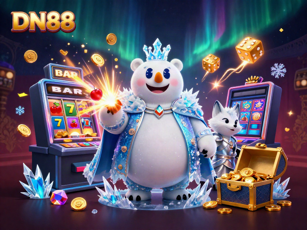 Experience exciting jackpots at DN88 with a vibrant 3D casino illustration filled with characters and Casino elements.