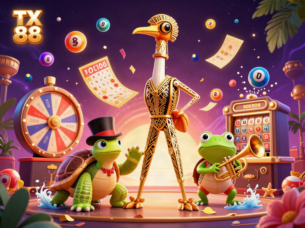 Experience excitement at TX 88 with a vibrant casino scene featuring lively cartoon characters and gaming elements.