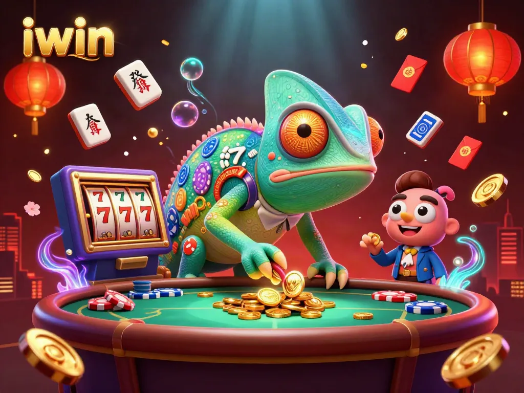 iwin chameleon casino owner surrounded by slot reels and festive decor, capturing gaming excitement.