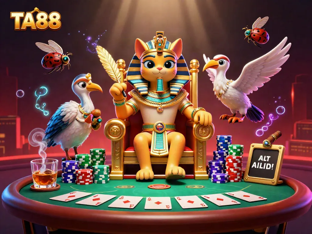 TA88 offers thrilling poker experiences with a cartoon pharaoh cat amidst rich casino elements.