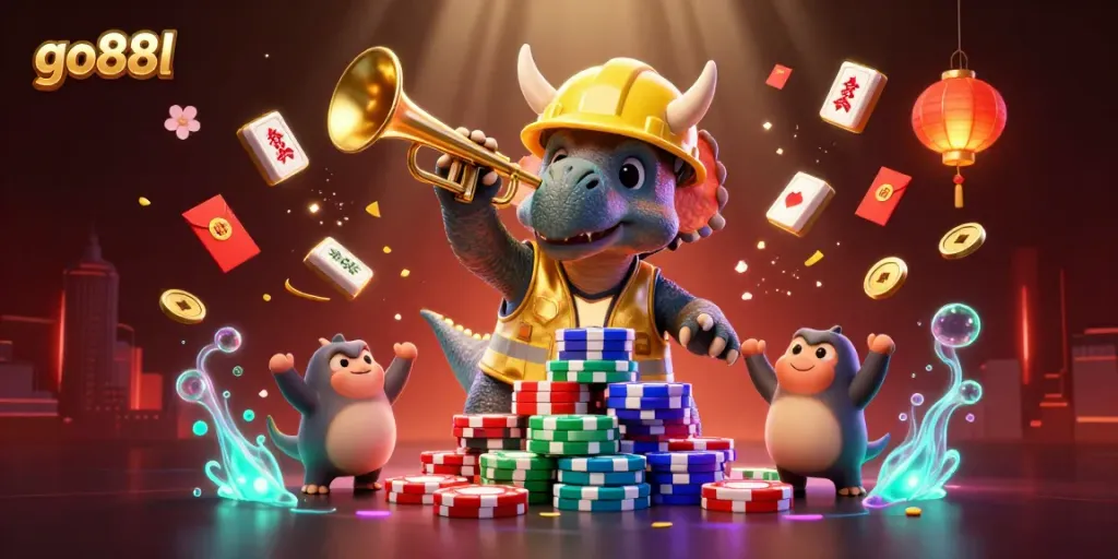 go88l celebrates with unique 3D characters building a poker chip tower amid a vibrant casino atmosphere.
