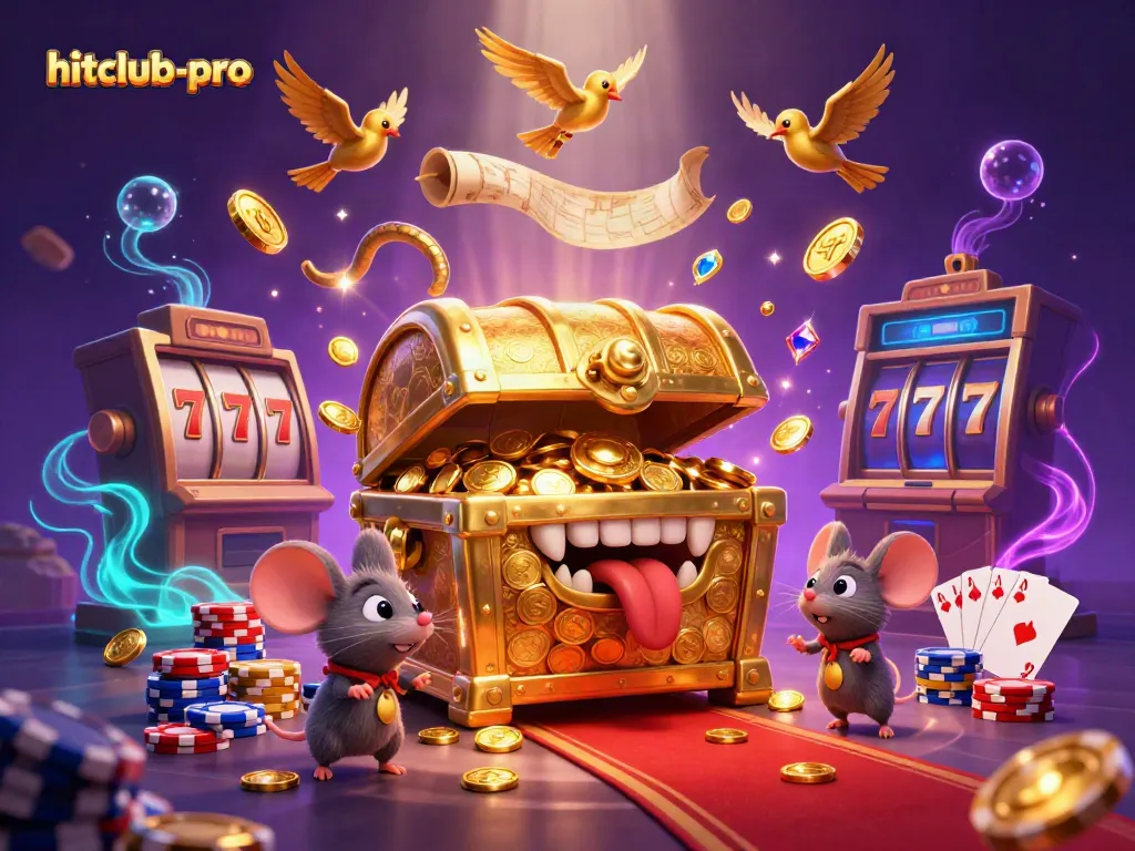 Engage with hitclub-pro's vibrant casino adventure, featuring a treasure chest and slot reels.