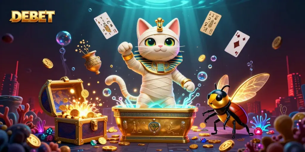 Experience thrilling gaming with DEBET's lively pyramid casino featuring a mummy cat and golden treasures.