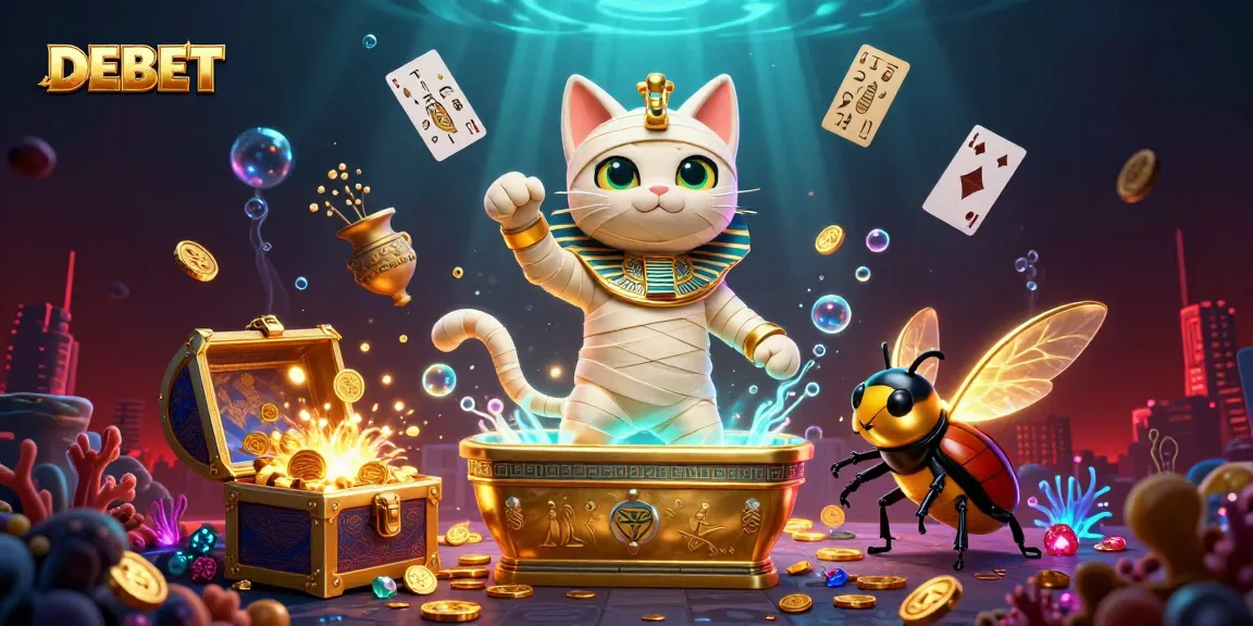 Experience thrilling gaming with DEBET's lively pyramid casino featuring a mummy cat and golden treasures.