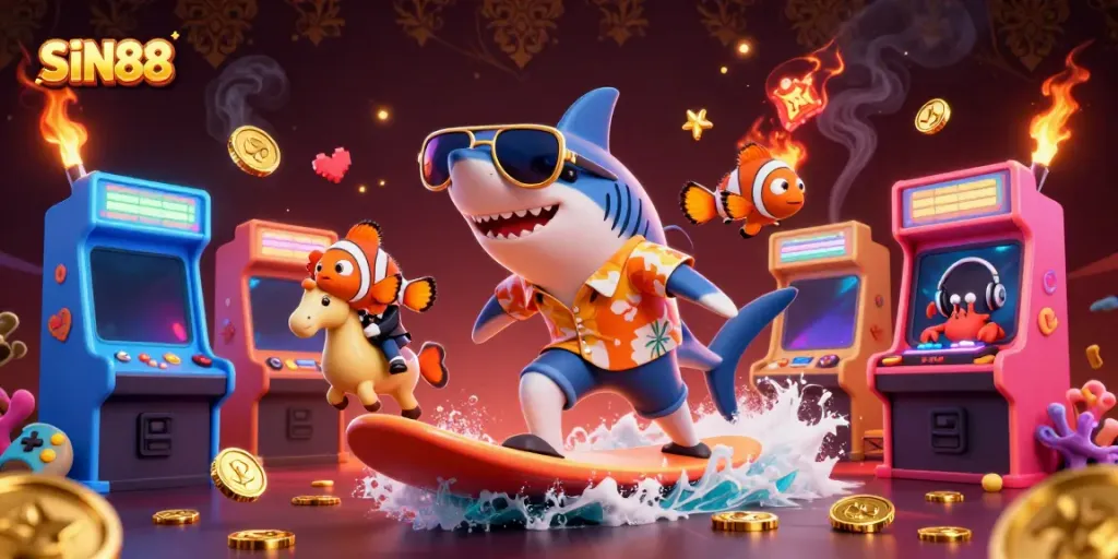 Engage with SIN88 as the cartoon shark surfs on gold coins amidst vibrant casino elements.