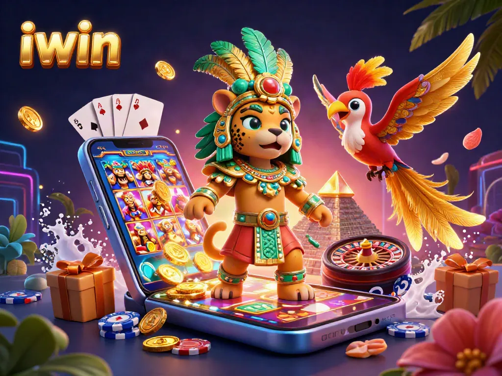Engage in thrilling action with iwin as glowing coins and lively games burst from a smartphone illustration.