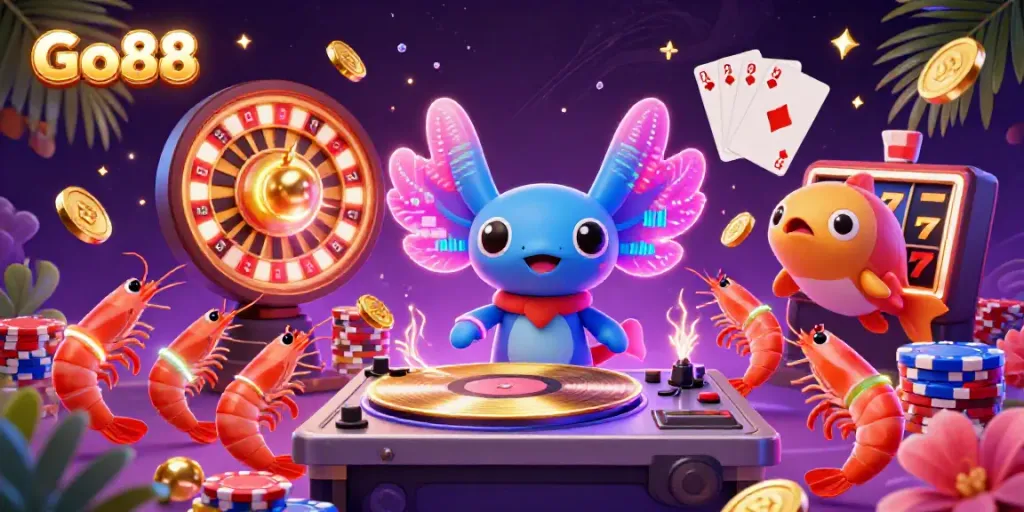Engage with the vibrant Go88 casino scene as a neon axolotl DJ spins amidst golden coins and lively shrimp dancers.