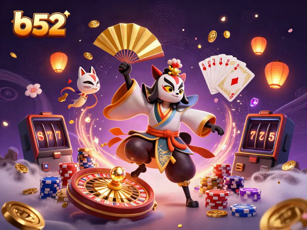 Engage with the b52 online casino experience featuring a kabuki warrior and kitsune amidst vibrant elements.