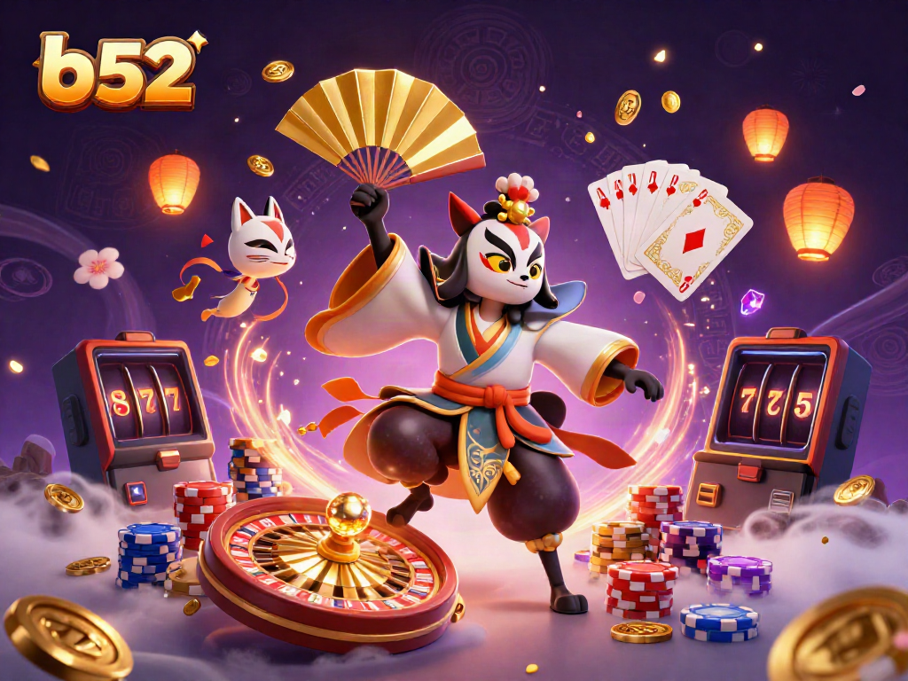 Engage with the b52 online casino experience featuring a kabuki warrior and kitsune amidst vibrant elements.