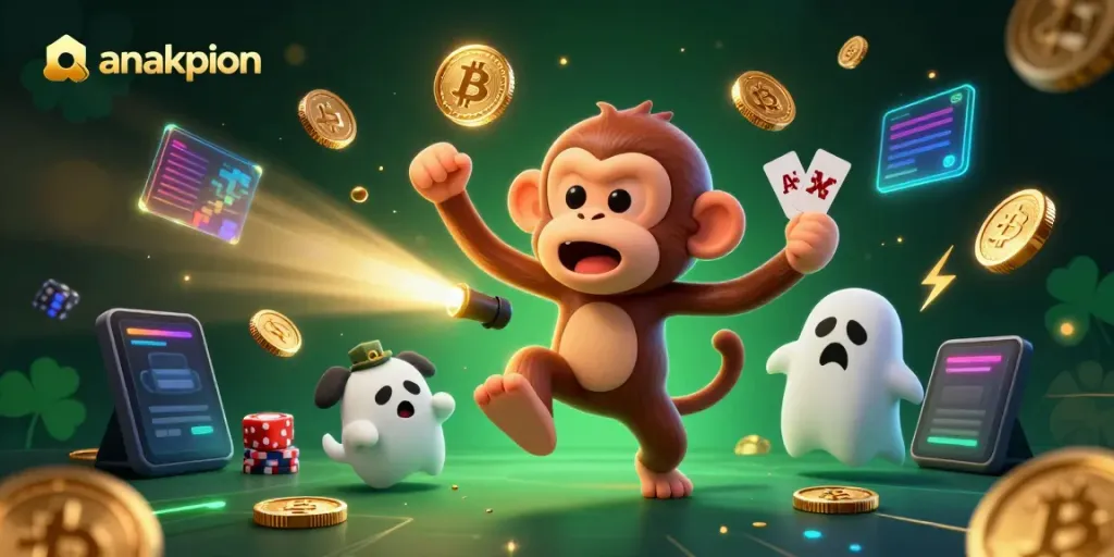 Engage with the vibrant realm of anakpion, where a playful poltergeist monkey juggles coins in a haunted casino setting.