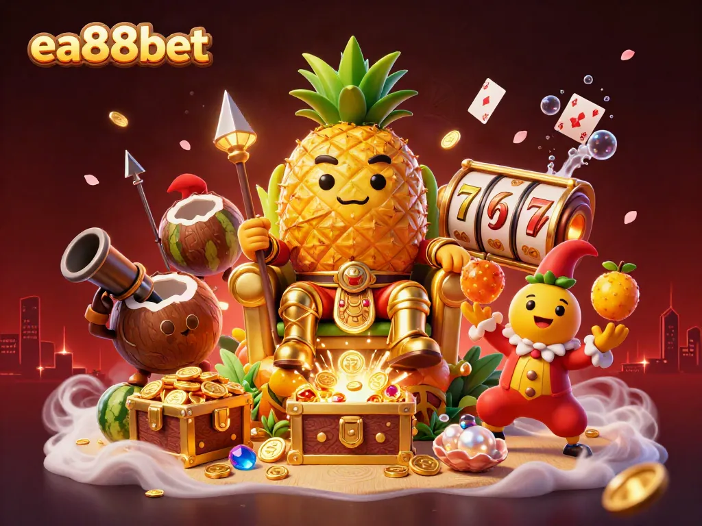 ea88bet king gaming on a vibrant beach casino throne with treasures and slot reels