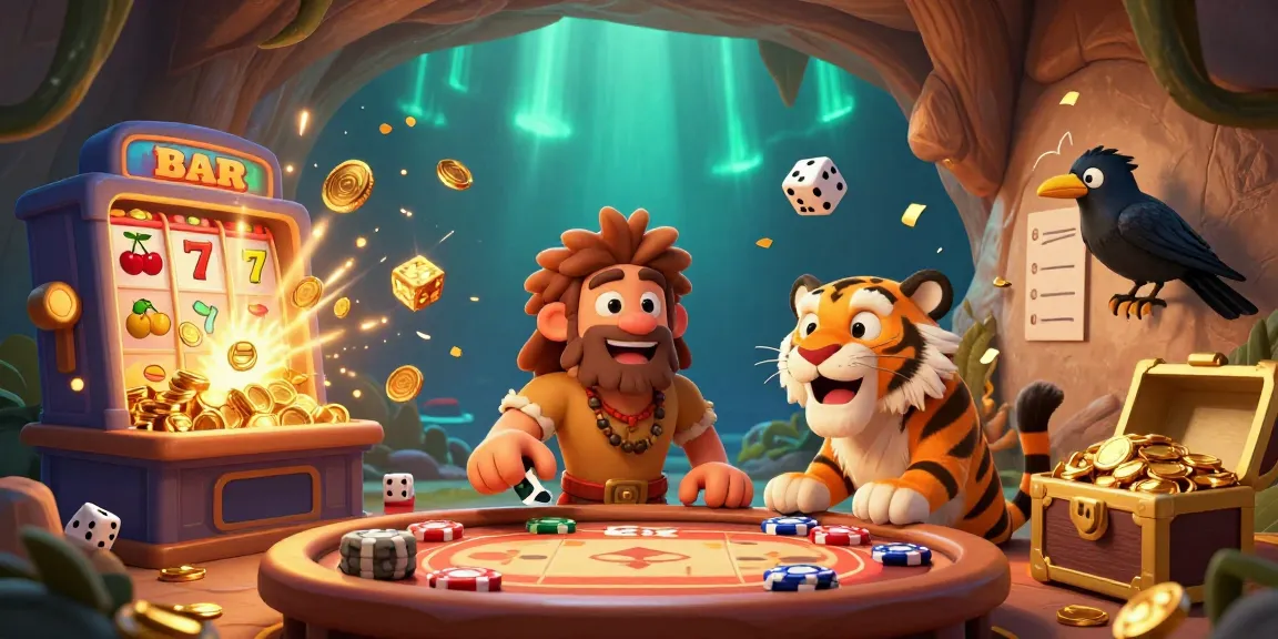 Engage in the luck8 casino magic with a vibrant prehistoric duo featuring a caveman and sabertooth tiger managing stone chips and dice.