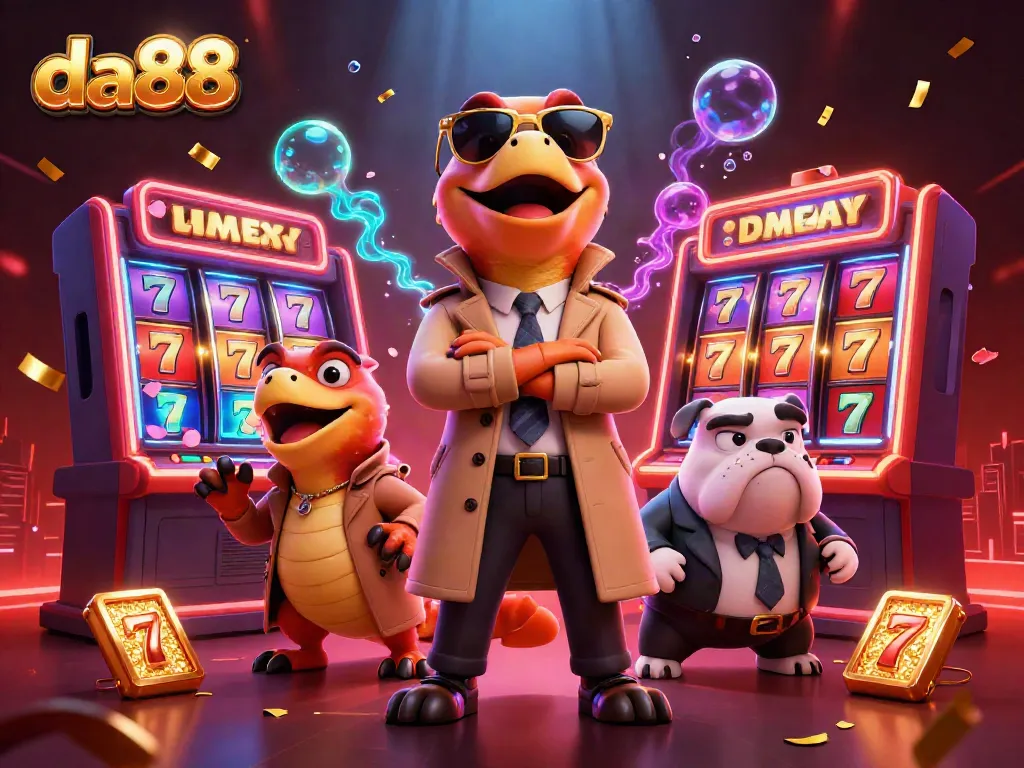 Experience exciting wins at da88 with three raptors disguised as a tall man in a vibrant casino scene.
