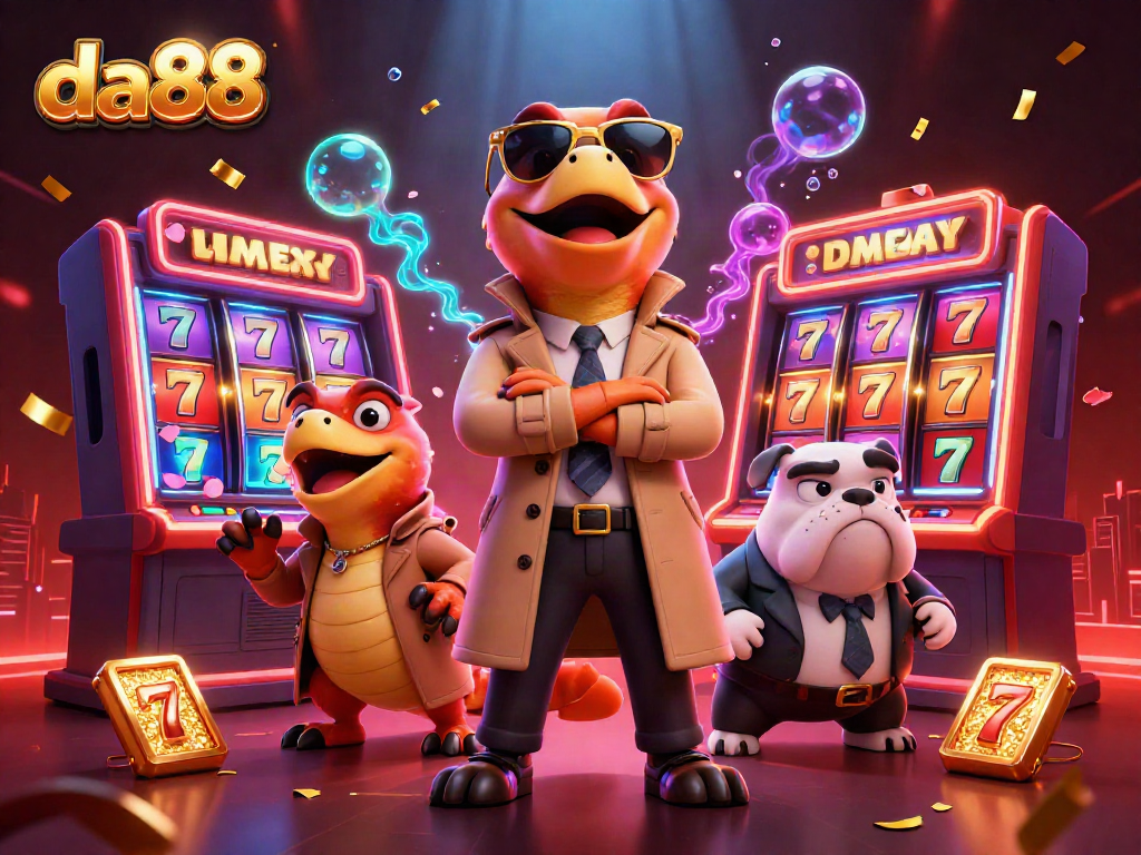 Experience exciting wins at da88 with three raptors disguised as a tall man in a vibrant casino scene.