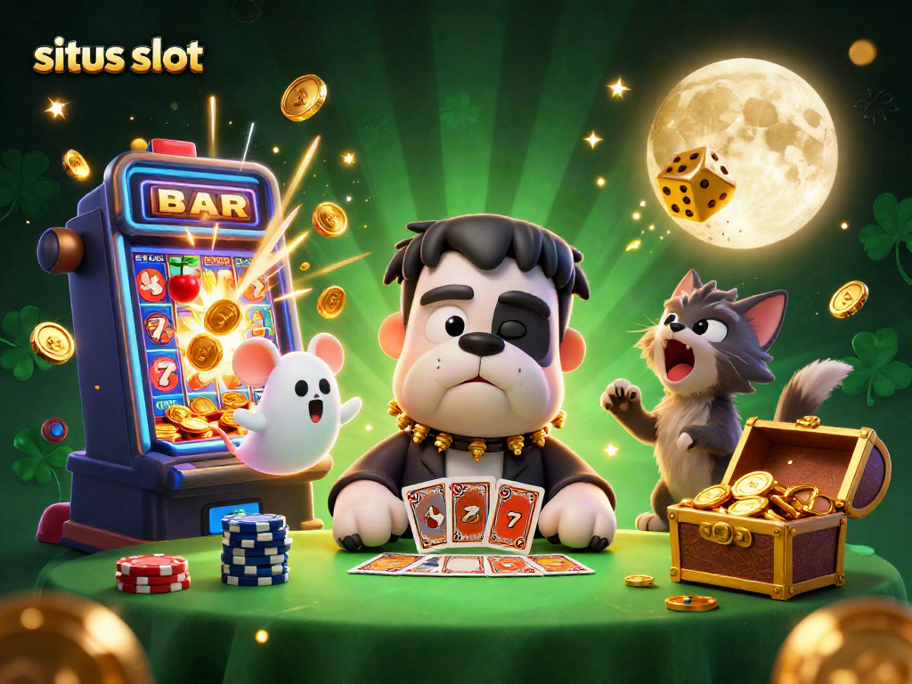 Experience situs slot excitement with a 3D cartoon scene filled with jackpots and lively characters.