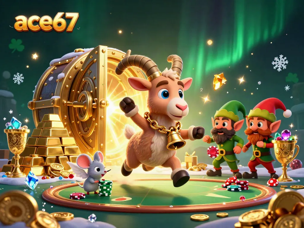 Experience the thrilling world of ace67 casino, featuring a whimsical Krampus goat character in a festive environment full of treasures and excitement.