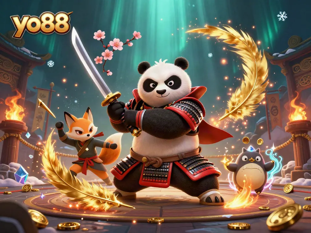 Engage with yo88 through a thrilling gaming scene featuring samurai panda and ninja fox.